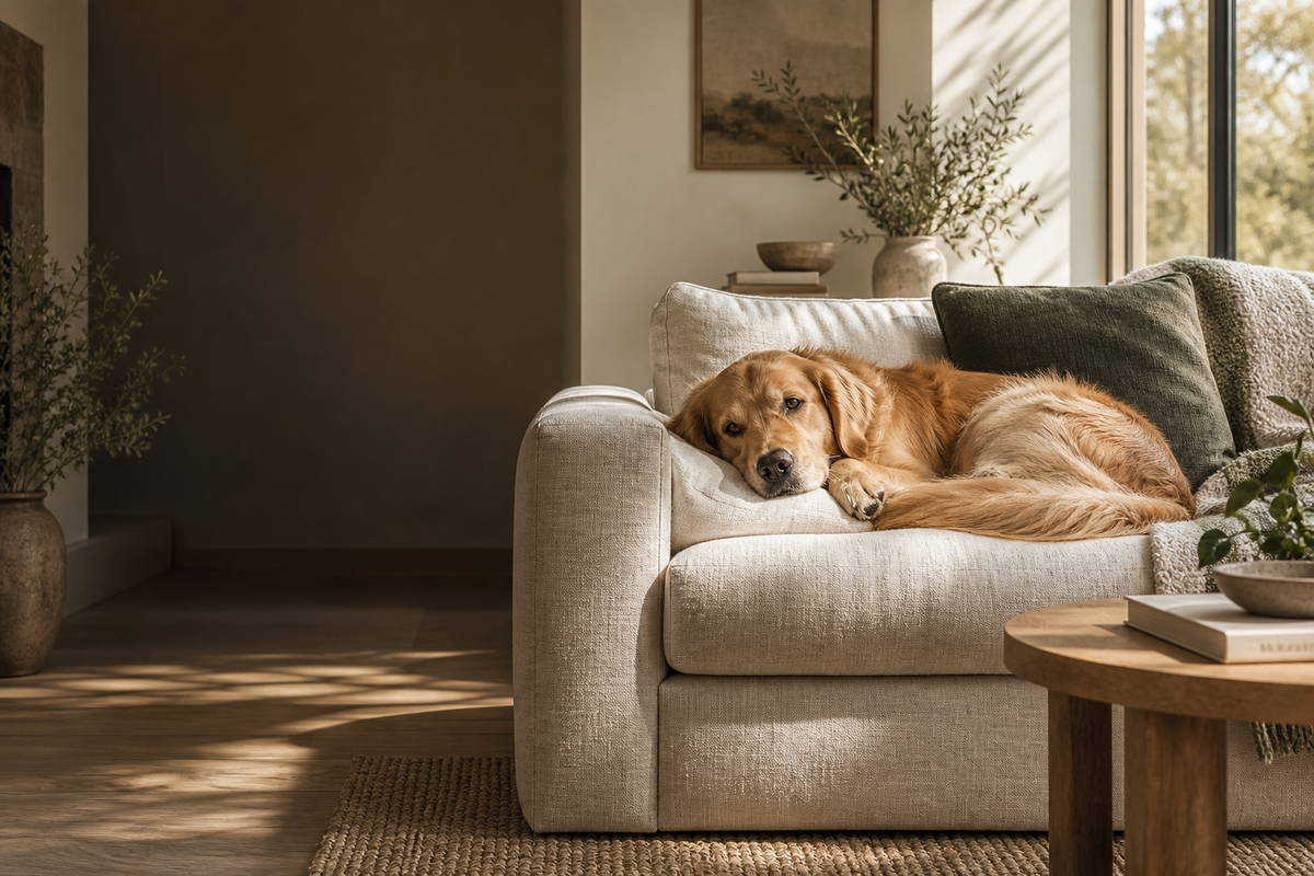 Golden retriever resting on an ivory sofa in a warm, sunlit home